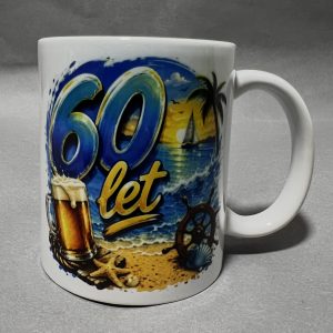 Mug with a colorful tropical beach scene showing waves, palm trees, and a sunset.