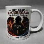 White ceramic mug with a fiery firefighter illustration and bold Croatian text about real heroes.