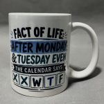 Close-up of a white mug with bold text reading 'FACT OF LIFE: AFTER MONDAY' and a blue banner motif, partial view of the mug handle visible on the right.