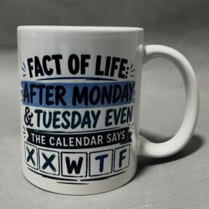 Close-up of a white mug with bold text reading 'FACT OF LIFE: AFTER MONDAY' and a blue banner motif, partial view of the mug handle visible on the right.