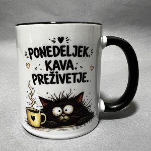 White ceramic mug with a black handle showing a cartoon black cat holding a yellow coffee cup and small hearts on the side of the mug.